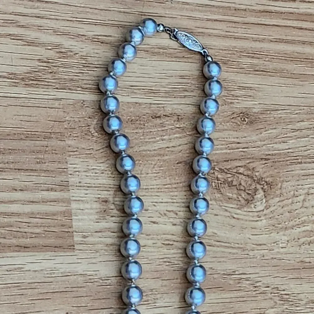 Vintage Gray Faux Pearl Strand Necklace Graduated Knotted 24in‎ Fishhook Clasp